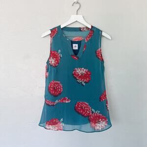 CAbi 3445 Blushing Blouse Teal Pink Floral Peplum Tank Top Small